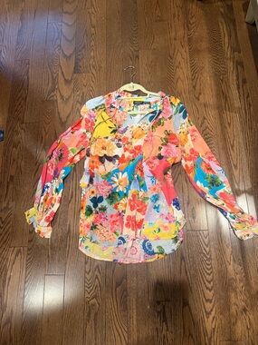 Tolani Bright Multicolor Floral Tie-Front Blouse